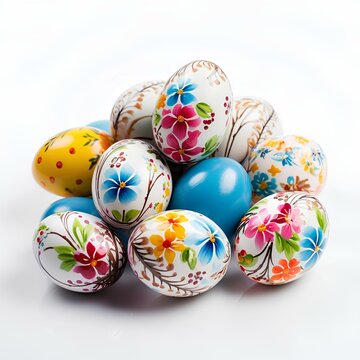 Easter colored and painted  eggs on white background, festive card to Easter holiday .Photo created with generative AI technologies