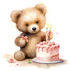 eddy Bear holding  birthday cake , watercolor illustration created with generative AI technologies. Illustration for Birthday card