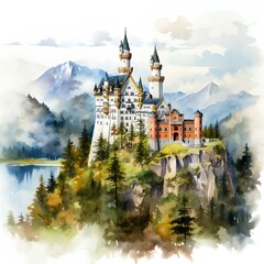 Neuschwanstein castle, Germany. Watercolor illustration created with generative AI technologies for bakery design and logo	 - obrazy, fototapety, plakaty