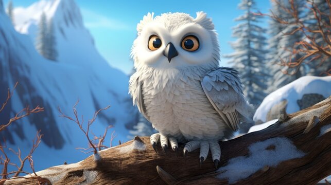 White cartoon owl in snowy mountains.