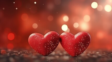 Two Hearts On red Glitter In Shiny background with bokeh lights, photography, photo realistic, ultra realistic 