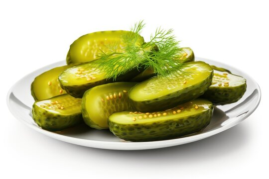Pickled cucumbers on a plate isolated on transparent or white background
