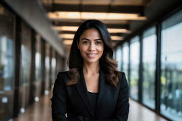 Beautiful woman with dark hair and prominent nose exudes confidence and sophistication in a professional black suit, with an office backdrop, evoking a successful career woman
