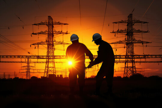Engineer man cable line electricity silhouette energy voltage technology power industrial station