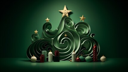 Modern Christmas Tree with decorations in green color. Christmas background in contemporary minimalistic design style.