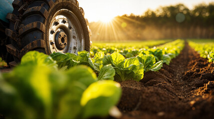 Field of romaine lettuce with tractor - obrazy, fototapety, plakaty