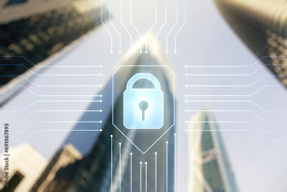 Poster double exposure of virtual creative lock hologram with chip on modern skyscrapers background. inform