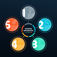 5 step diagram with five number circles. Circular chart, graph info graphic template. Business process, presentation layout design concept. Vector illustration.