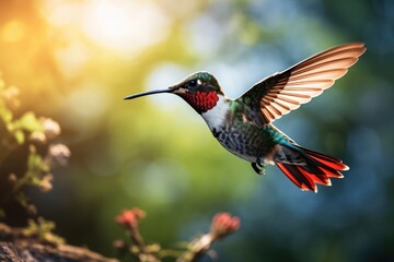 Ruby-throated Hummingbird (archilochus colubris) in flight with red flower in the background 