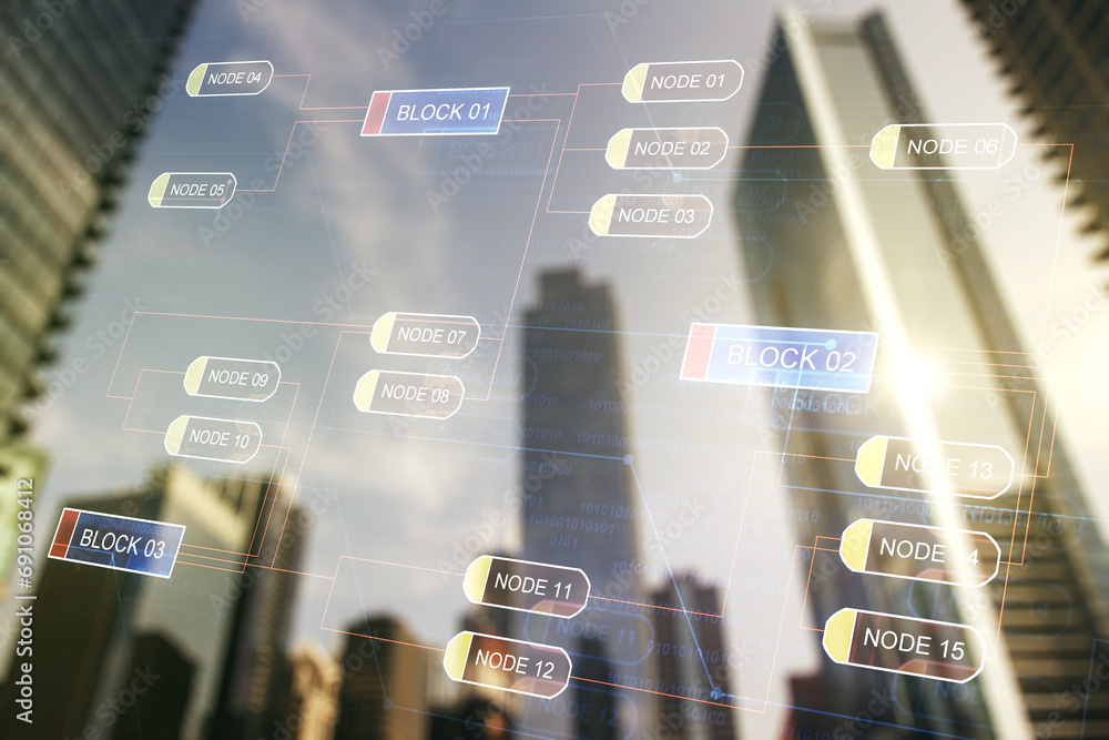 Aufkleber double exposure of abstract creative programming illustration on blurry cityscape background, big da