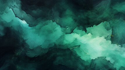 Abstract watercolor background in deep emerald jade green with a black pattern. Featuring stain splashes, rough daubs, grainy grunge textures, and dark shades, the liquid fluidity of water creates a u - obrazy, fototapety, plakaty