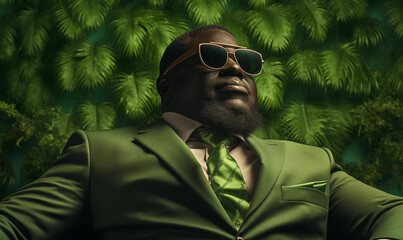 african american businessman in contemplation, green background