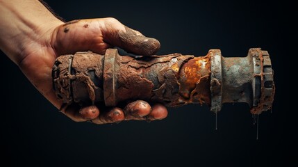 Old calcified and clogged water pipe with brown rust held in hand by plumber