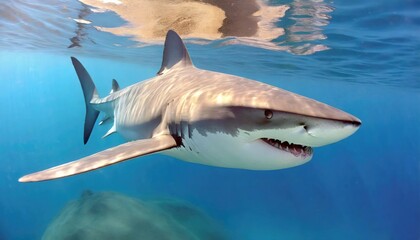 Large shark in clear, calm ocean waters, gliding through a vast expanse of blue