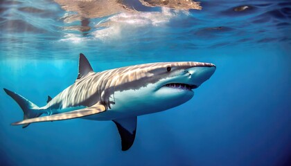 Obraz premium Large shark in clear, calm ocean waters, gliding through a vast expanse of blue