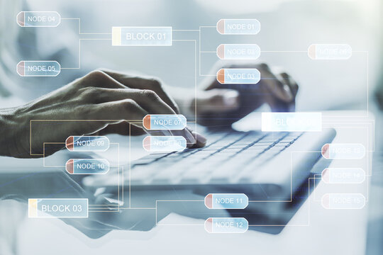 Multi exposure of abstract graphic coding sketch with hands typing on computer keyboard on background, big data and networking concept