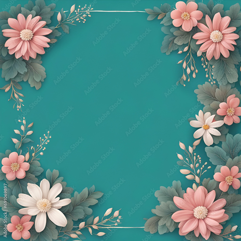 Wall mural teal background with flower border - Wall murals
