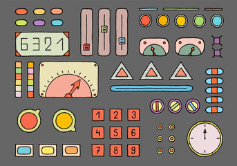Panel with various buttons, levers, displays, monometers, sliders, indicators. Hand Drawn. Freehand drawing. Doodle. Sketch. Outline.  - obrazy, fototapety, plakaty