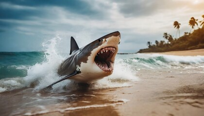 shark attack at the beach. Great White shark with jaws wide open