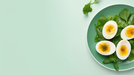 Boiled eggs with fresh herbs in a plate on the table.