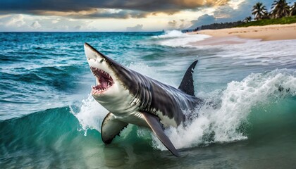 Fototapeta premium shark attack at the beach. Great White shark with jaws wide open