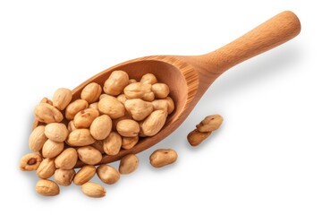 Roasted peanuts in the wooden spoon isolated on transparent or white background