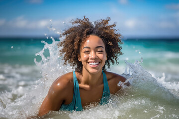  smiling woman with curly hair enjoys ocean, surrounded by splashing water, having great time, conveying happiness, contentment, beach setting