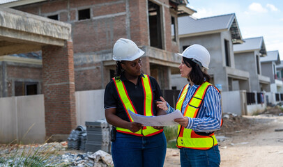 Caucasian female engineer holds blueprints and inspects work with real estate project manager woman in construction housing project.