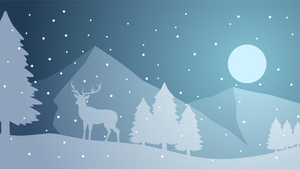 Fototapeta na wymiar Winter silhouette landscape vector illustration. Scenery of reindeer silhouette in the pine forest snow hill. Cold season landscape for illustration, background or wallpaper