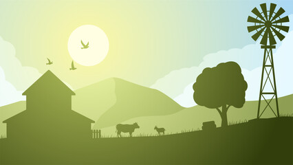 Farmland silhouette landscape vector illustration. Scenery of livestock cow and goat in the countryside farm. Rural landscape for illustration, background or wallpaper © Moleng24