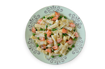 Homemade Pasta with Salmon, Green Peas, Parmesan Cheese and Lemon, Healthy Food on White Background