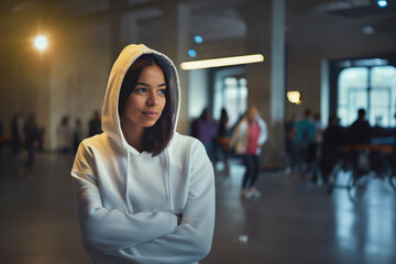 Young woman in white hoodie, lost in thought 