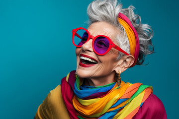 Matured funny woman with wrinkles in her face wearing colorful cloths in an abstract minimalist background. beautiful happy mid age woman wearing cosmetics specs and neck covered by a fancy scarf