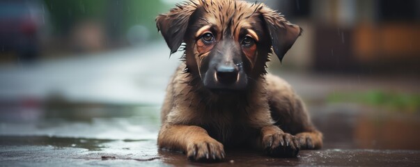 Stray homeless dog. Sad abandoned hungry puppy sitting alone in the street under rain. Dirty wet lost dog outdoors. Pets adoption, shelter, rescue 