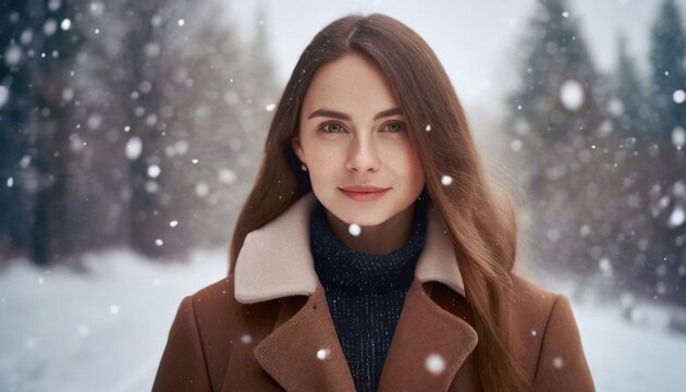 Young, beautiful woman with long hair stands in the snowy outdoors, wearing a brown coat, gazing into the distance