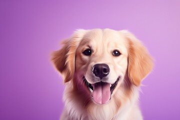 A close-up portrait of a golden retriever puppy on a purple background