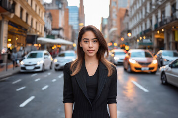 Fototapeta premium Young, confident woman stands in a busy city street, amidst a bustling urban scene
