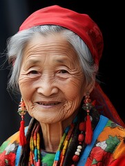 old Chinese woman with a wrinkled face and colourful clothes, a red cap and long earrings
