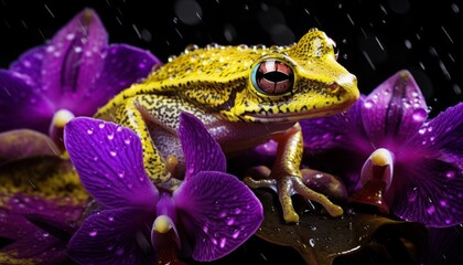Lateral macro shot of a green frog with golden eyes and black stripes on wet skin, sitting on a purple flower with water drops