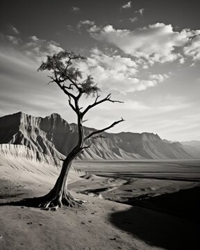 A black and white picture a desert with mountains, sahara wallpaper, a dried tree, tree trunk, infrared photography landscape, clouds in sky, generated by AI.