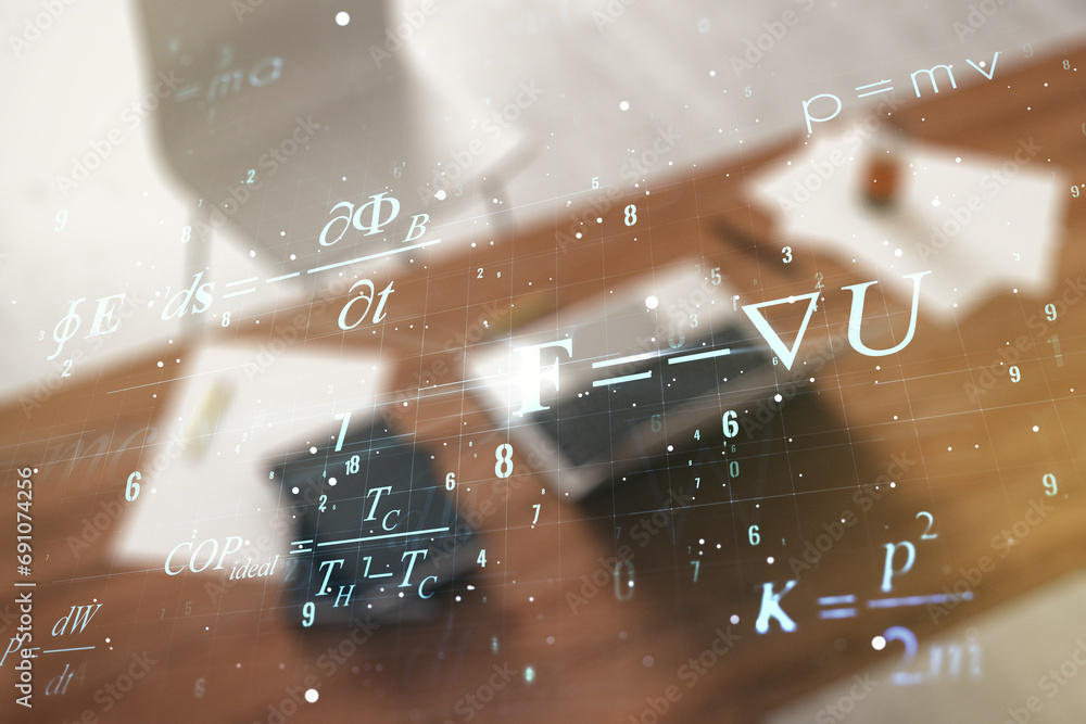 Poster creative scientific formula concept and modern desktop with computer on background. multiexposure