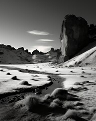 A black and white picture a desert with mountains and a river, sahara wallpaper, infrared...