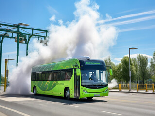 Fototapeta na wymiar Electric public buses in urban area, helping to combat air pollution and promote sustainable transportation.