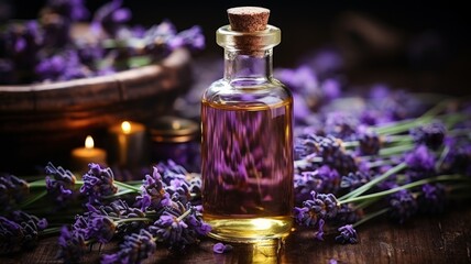 Obraz na płótnie Canvas Aromatic lavender oil in a bottle with lavender flowers
