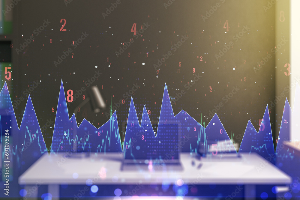 Poster double exposure of abstract creative statistics data hologram and modern desktop with laptop on back
