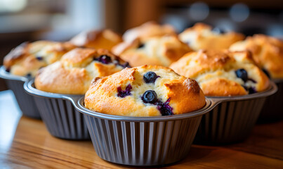 A muffin tin filled with blueberry muffins