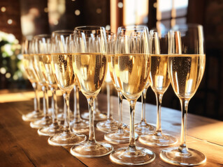 Beautiful champagne flutes brimming with sparkling bubbly, creating a luxurious and celebratory atmosphere.