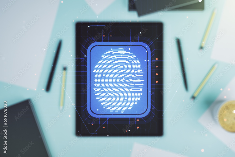 Aufkleber Abstract creative fingerprint illustration and modern digital tablet on desktop on background, top view, personal biometric data concept. Multiexposure