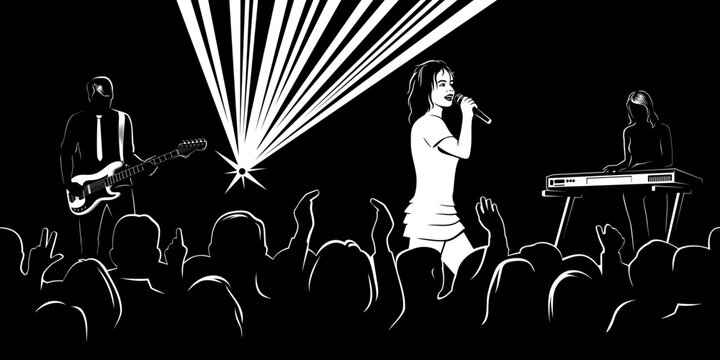 Silhouette of  Singer girl with musicians on a stage and crowd audience on a concert, music show.. Audience is the separate object. Vector illustration.