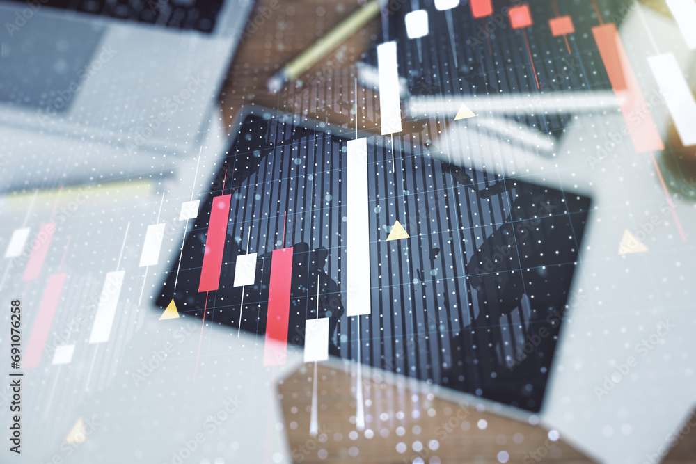 Poster multi exposure of abstract financial graph with world map and modern digital tablet on desktop on ba